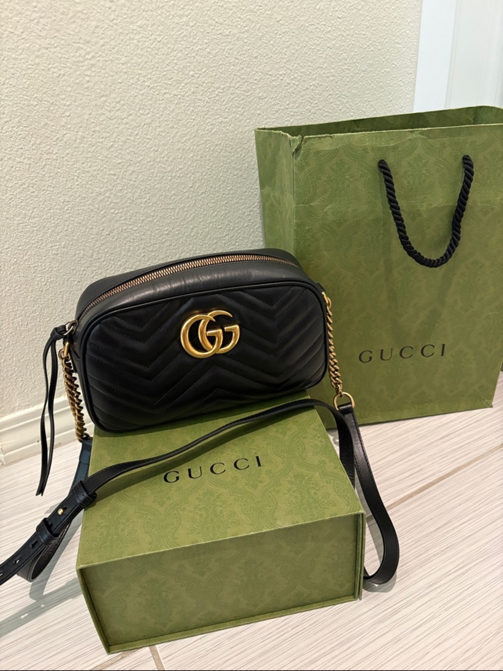 Gucci Black Matelassé GG Marmont Leather Camera Bag with Gold Hardware